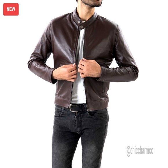 Men's Lambskin Leather Motorcycle Jacket Snap Tab Collar Quilted Lining